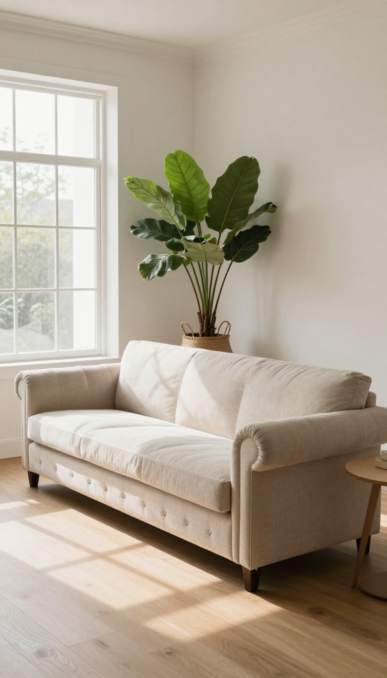 Chesterfield sofa in a bright living room with a large fiddle leaf fig plant in a woven basket beside it, adding natural greenery and softening the room's formal look.