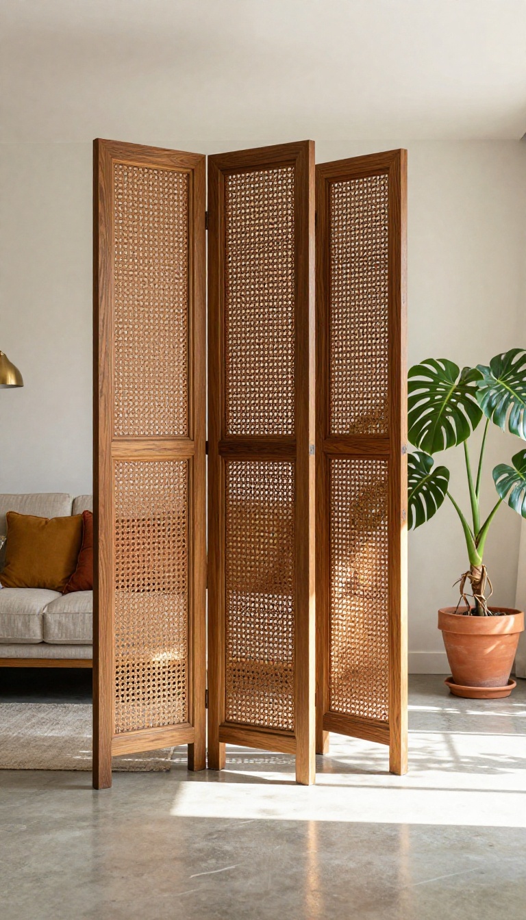 Carved wooden jali screen dividing a bright modern Indian living room, sunlight casting dappled patterns on the floor