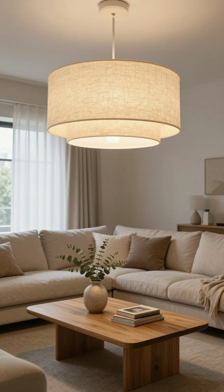 Cream drum shade chandelier casting soft diffused light over a bright, neutral living room with a linen sofa and coffee table