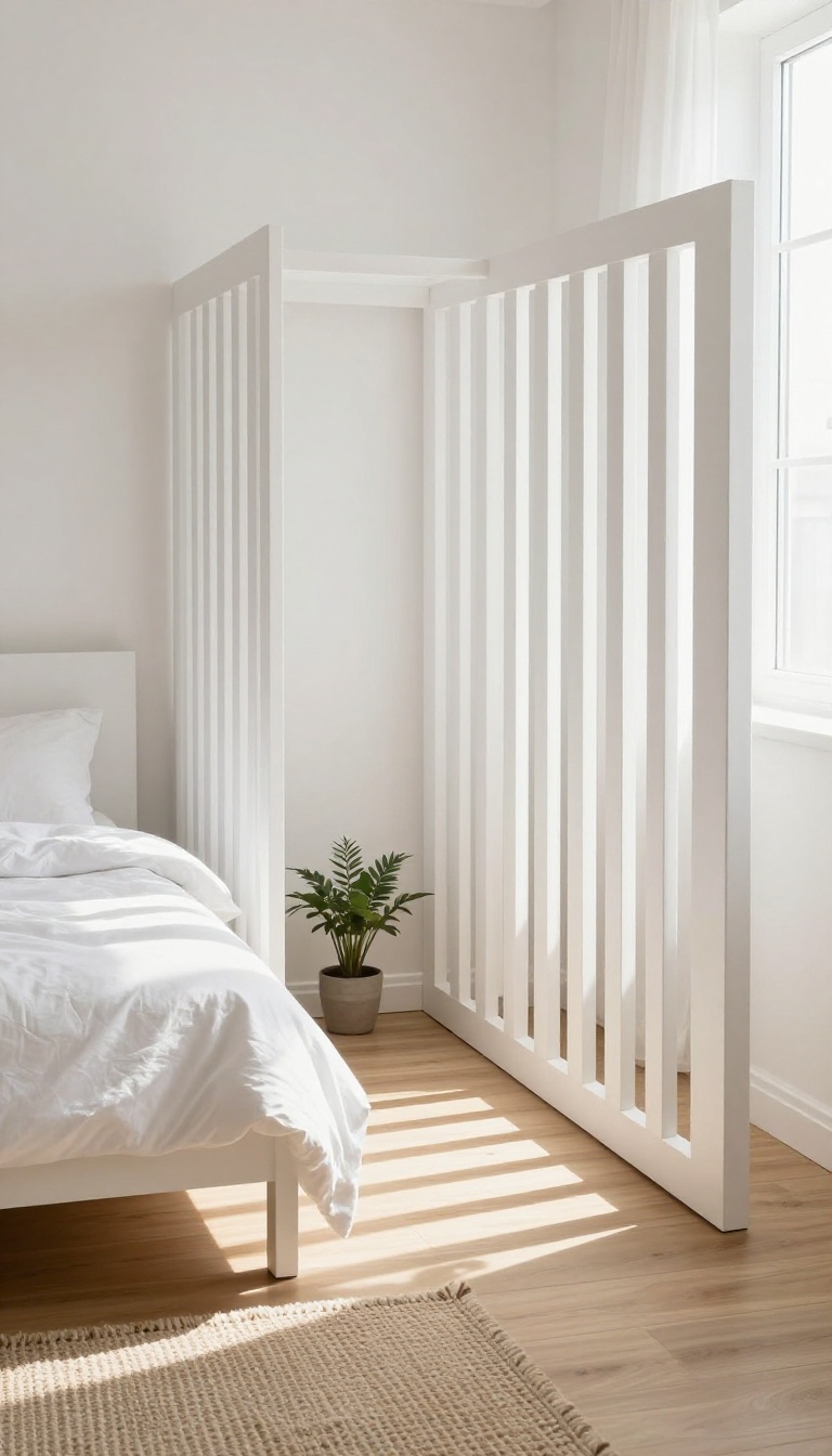 Small white bedroom with a white slatted wood room divider separating the bed from a bright living space