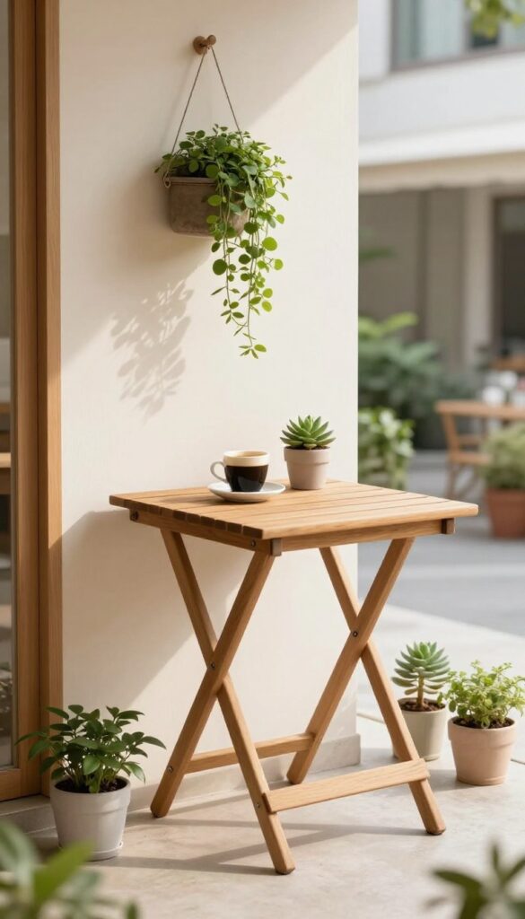 Wall-mounted folding table on a small patio with coffee and a plant, demonstrating space-saving functionality.