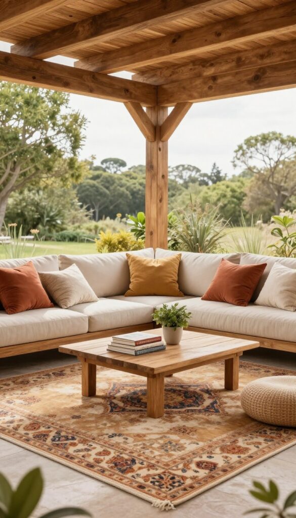 Cozy covered patio with outdoor rug, floor cushions, throw pillows, and a low wooden table, inviting and bright.