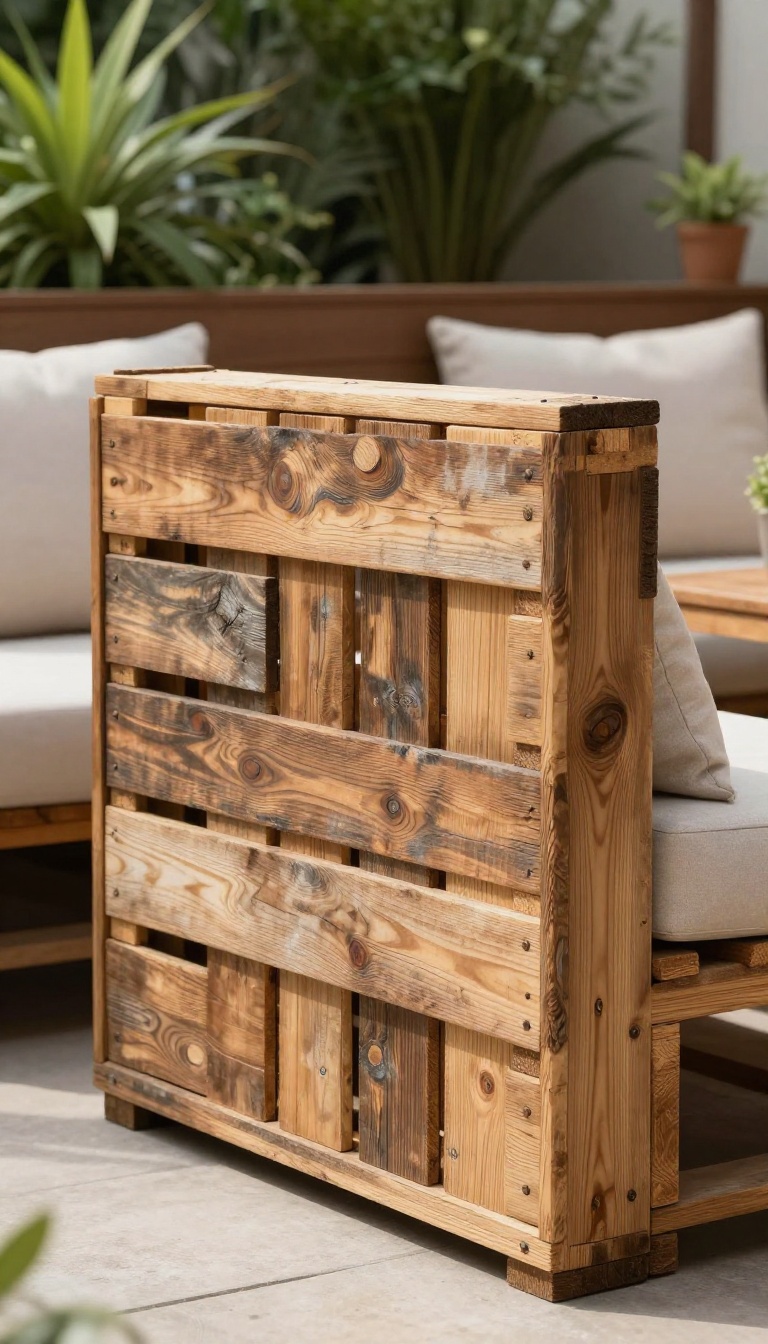 Rustic patio privacy screen made from repurposed pallets and reclaimed wood, with planters and outdoor seating