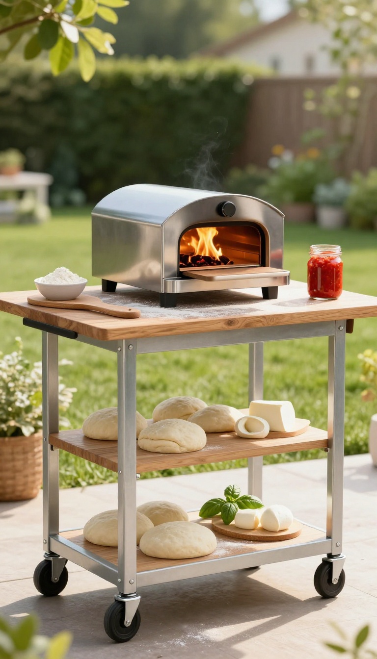 Portable pizza oven on a rolling cart beside a prep table with toppings in a sunny backyard