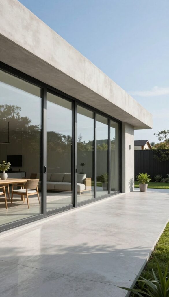 Modern concrete patio with smooth troweled finish extending from indoor space, minimalist design, bright natural light