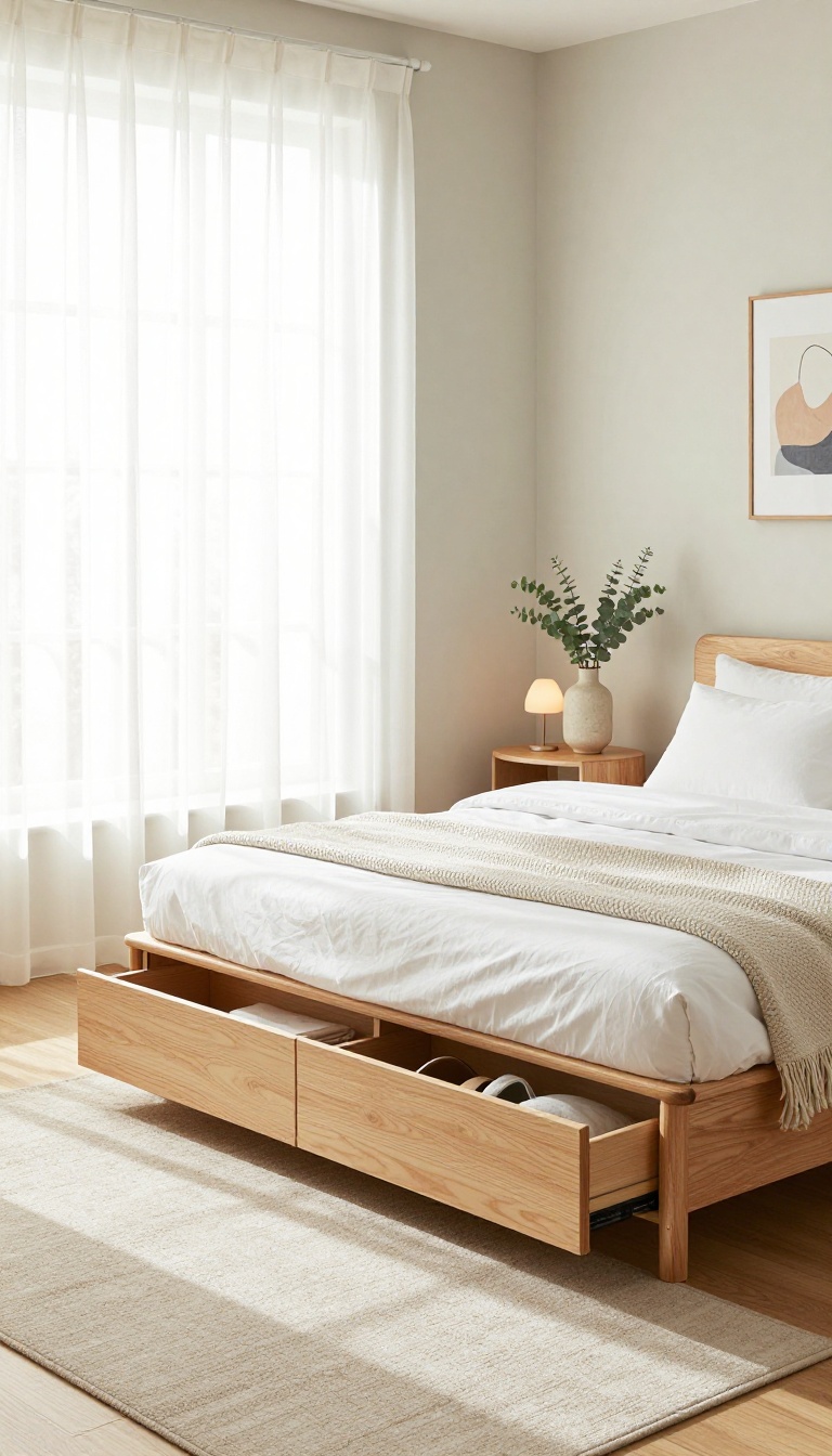 Bright small bedroom with a wooden storage bed featuring built-in drawers, white bedding, and natural light from a window