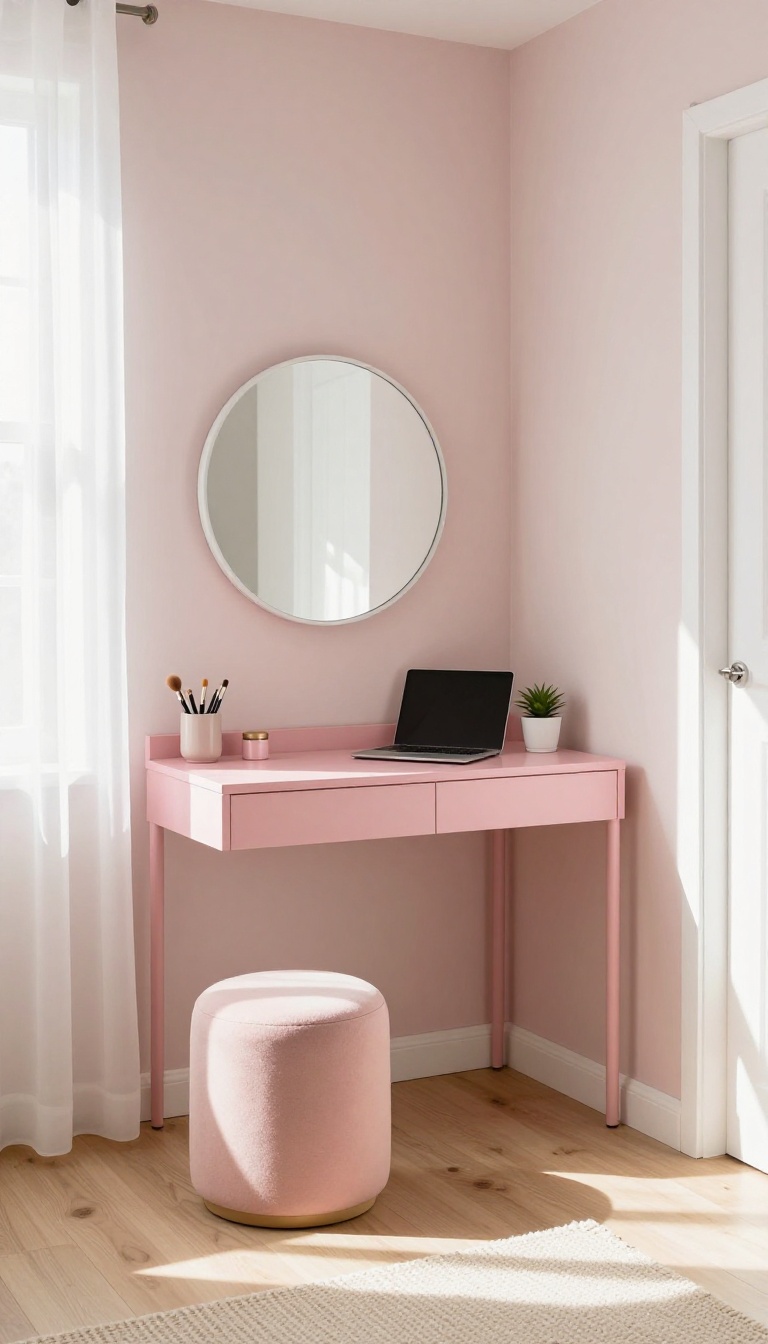 Small pink bedroom corner with a slim floating desk, round mirror, and tucked-in stool bathed in natural light