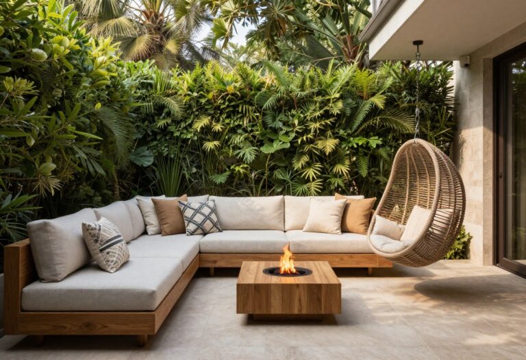 A stylish patio with a modular sectional, hanging egg chair, and fire pit table surrounded by plants and warm lighting.