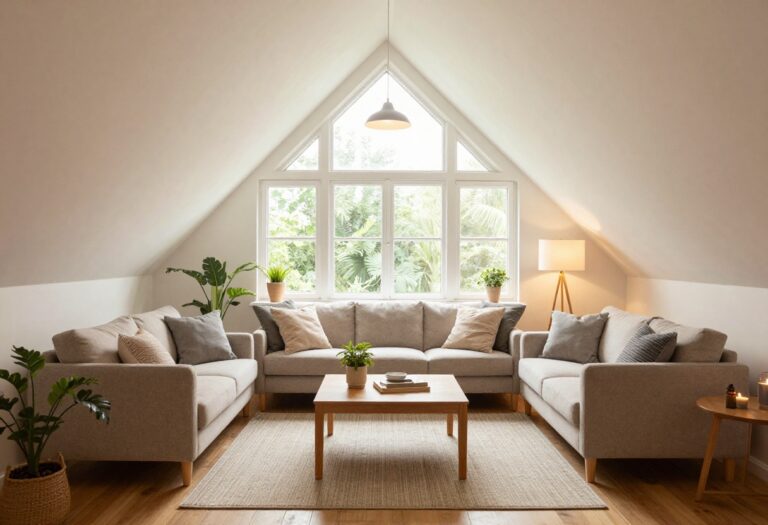 Cozy attic living room with sloped ceilings, low-profile sofa, and natural light from dormer windows.