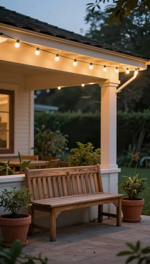 A front patio illuminated by warm string lights at dusk, with a cozy seating area and plants, creating a welcoming atmosphere.