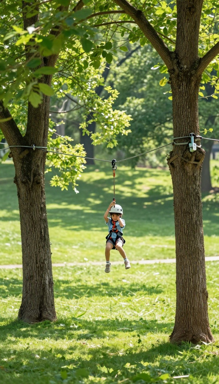 Child riding a backyard zipline between two trees on a sunny day