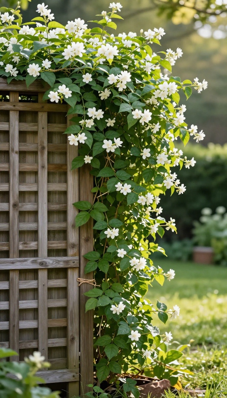 Wooden trellis covered in climbing jasmine vines creating a living green privacy screen in a sunny backyard