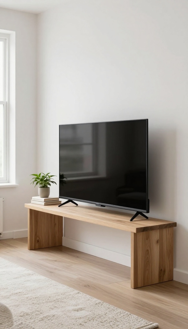 A minimalist low-profile TV stand in a bright, modern living room, styled with a plant and books, exemplifying clean and airy design.