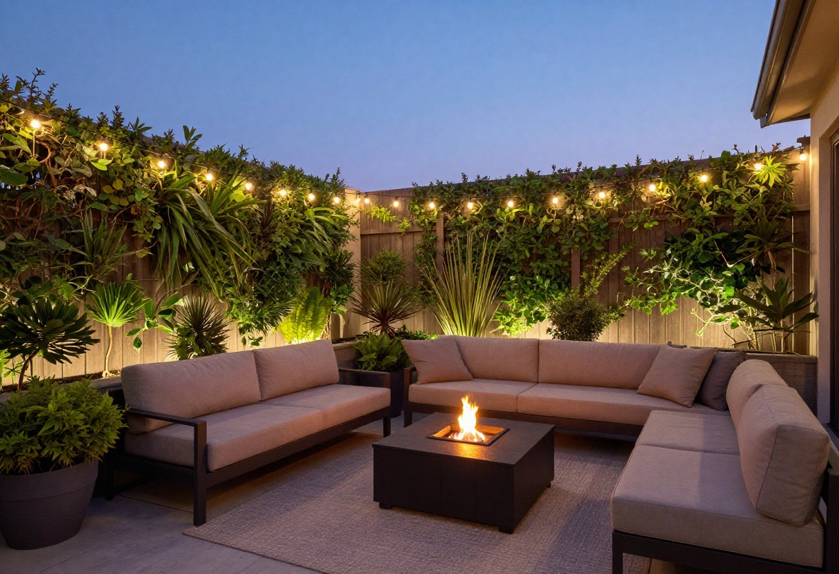 Small backyard makeover with string lights, outdoor rug, vertical garden, and fire pit at dusk.