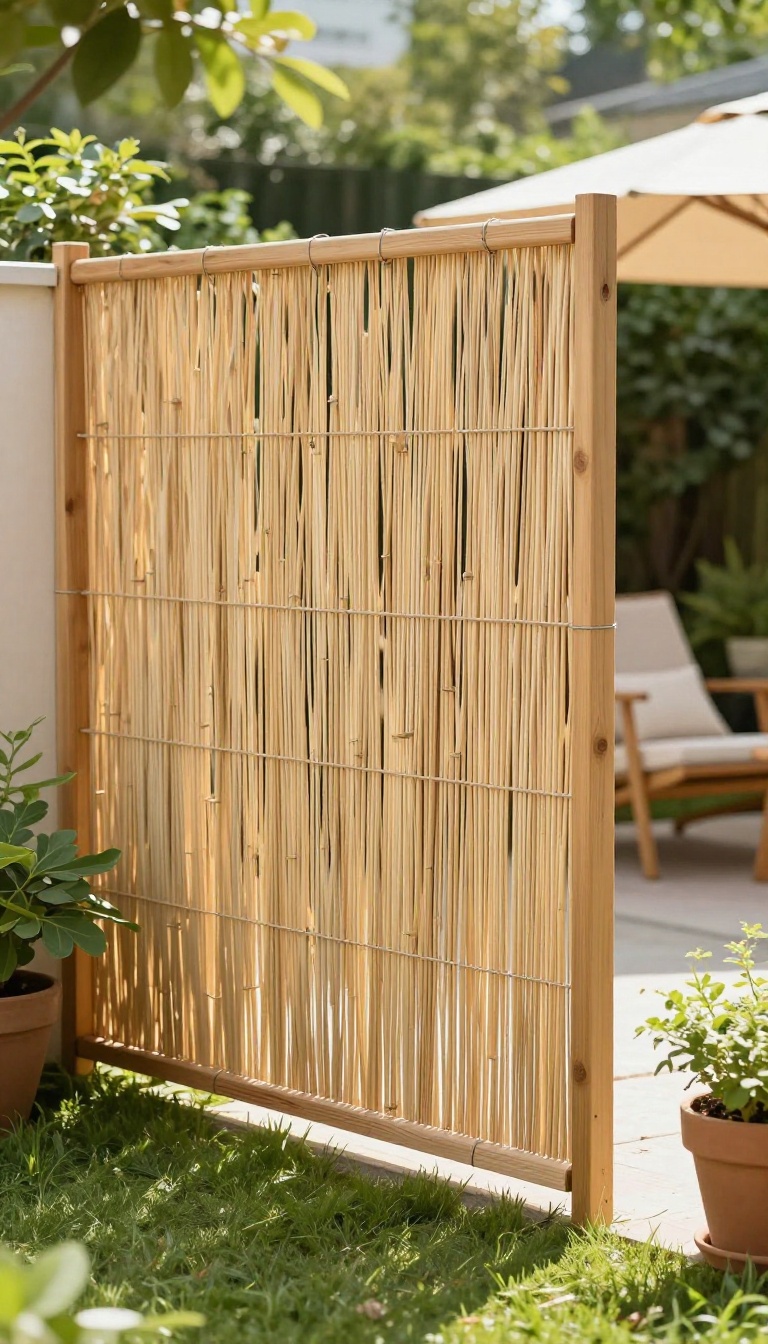 Rolled reed fence panel attached to a wooden frame in a sunny backyard, providing natural privacy.