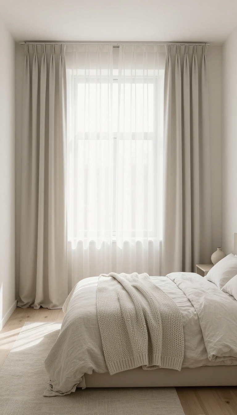 Small narrow bedroom with a light monochrome warm white and pale gray palette, matching bedding and curtains, and soft natural light