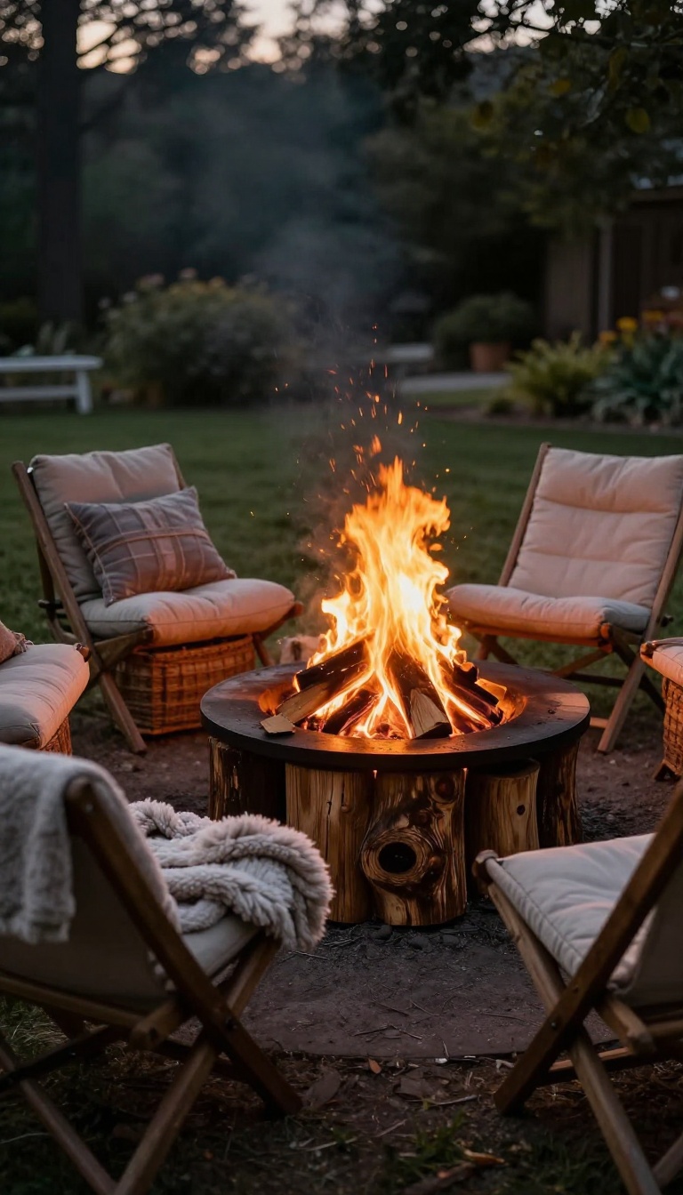 Cozy backyard bonfire seating circle with log benches, camp chairs, and a basket of blankets at dusk