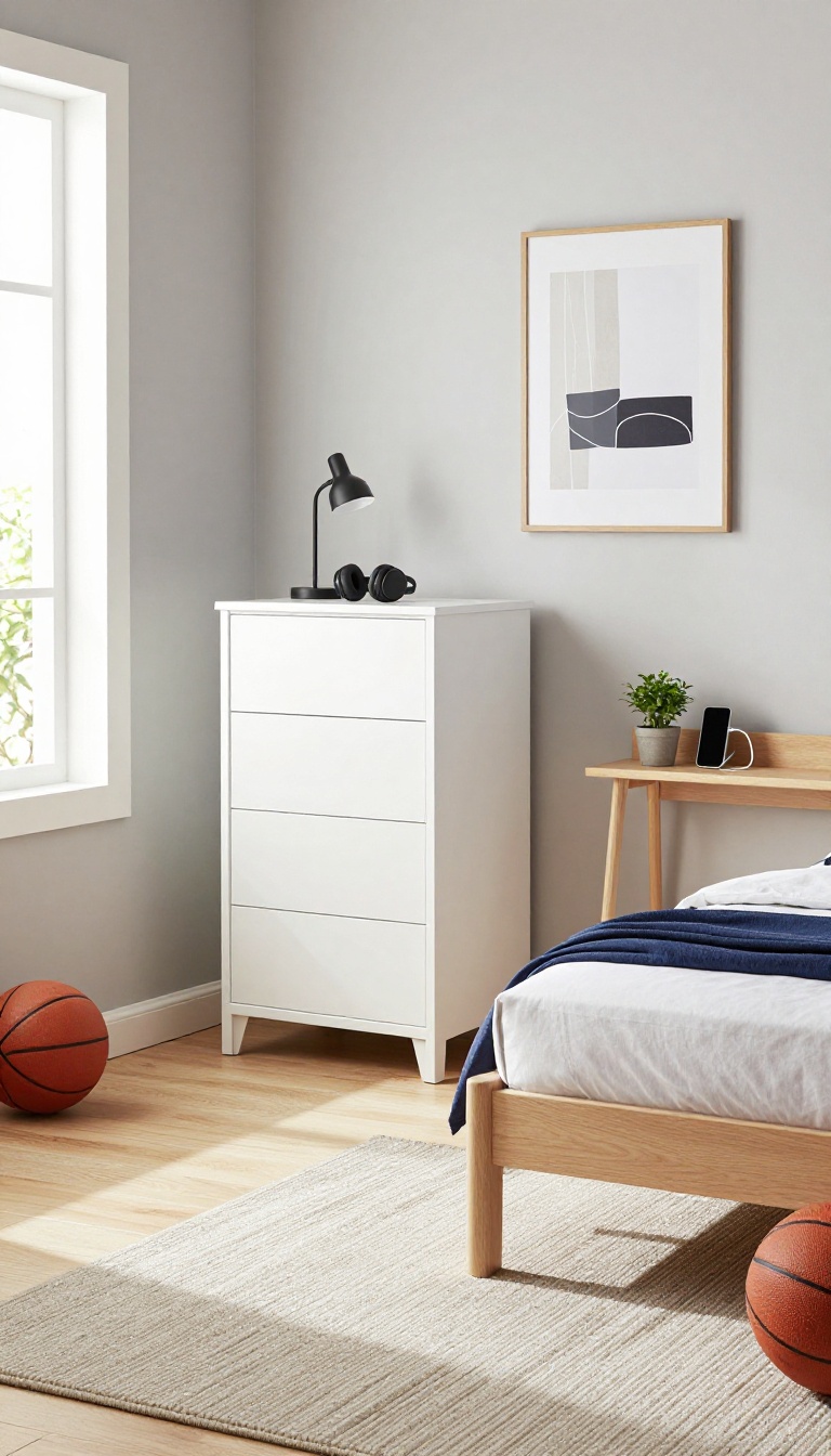 Small teen boy's bedroom with a tall narrow dresser, storage bench at the foot of the bed, and a slim console acting as a headboard shelf, lit by bright natural light