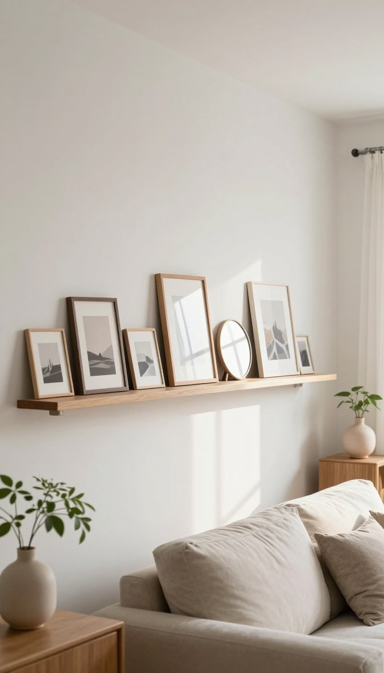 Bright living room wall with a wooden picture ledge holding leaning framed art, canvases, and a small mirror in a relaxed gallery-style display