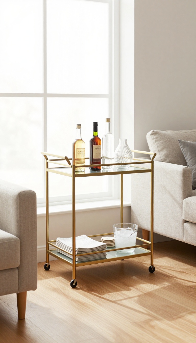 Styled brass and glass bar cart in a bright living room corner holding bottles, glassware, and decorative objects