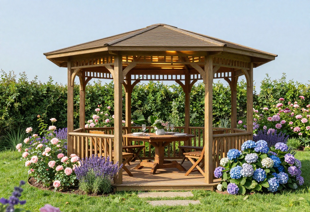 A wooden gazebo with a table and chairs in a sunny backyard surrounded by plants.