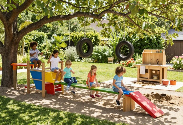 Kids playing on a backyard obstacle course with a tire swing and mud kitchen in the background.