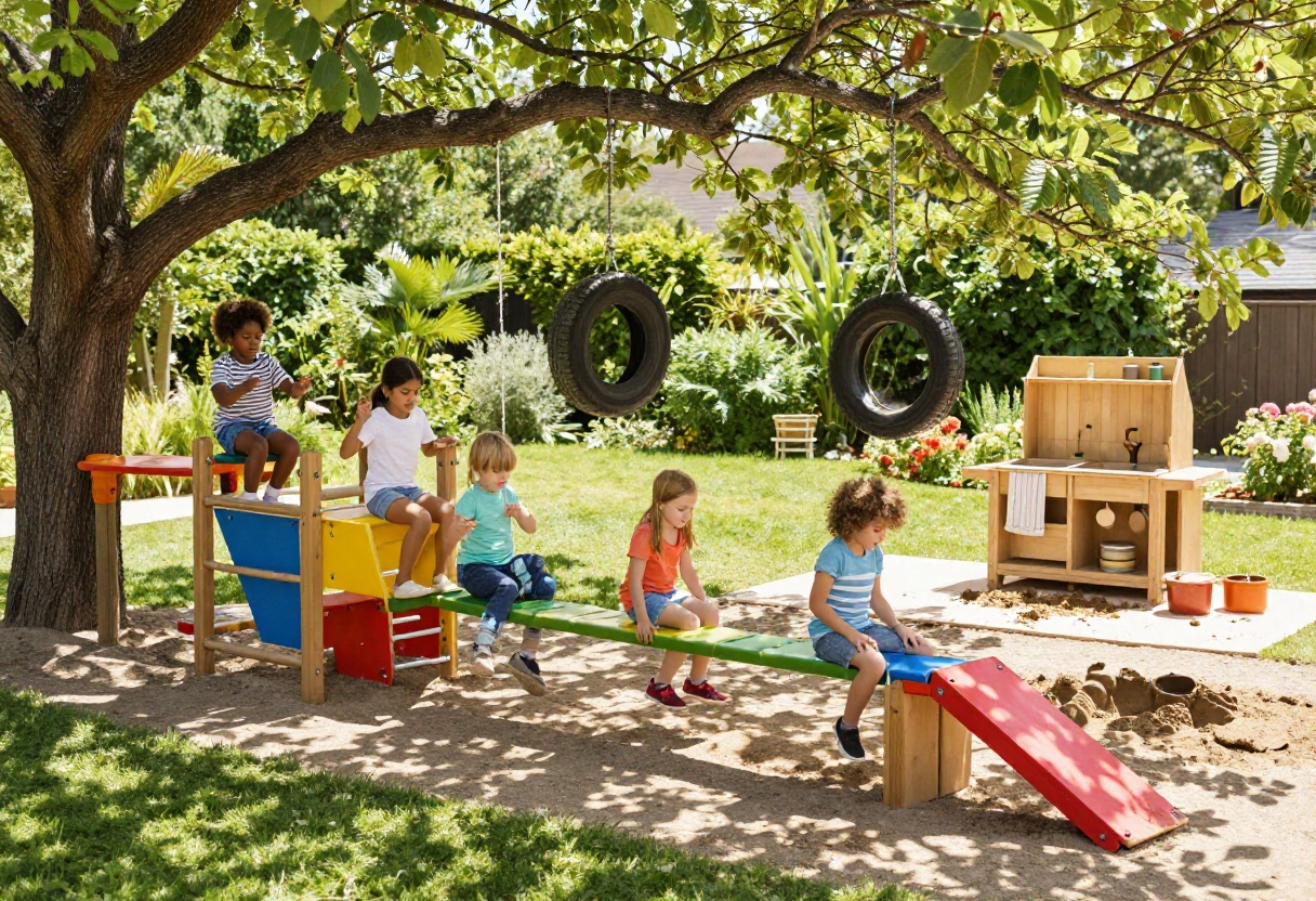 Kids playing on a backyard obstacle course with a tire swing and mud kitchen in the background.