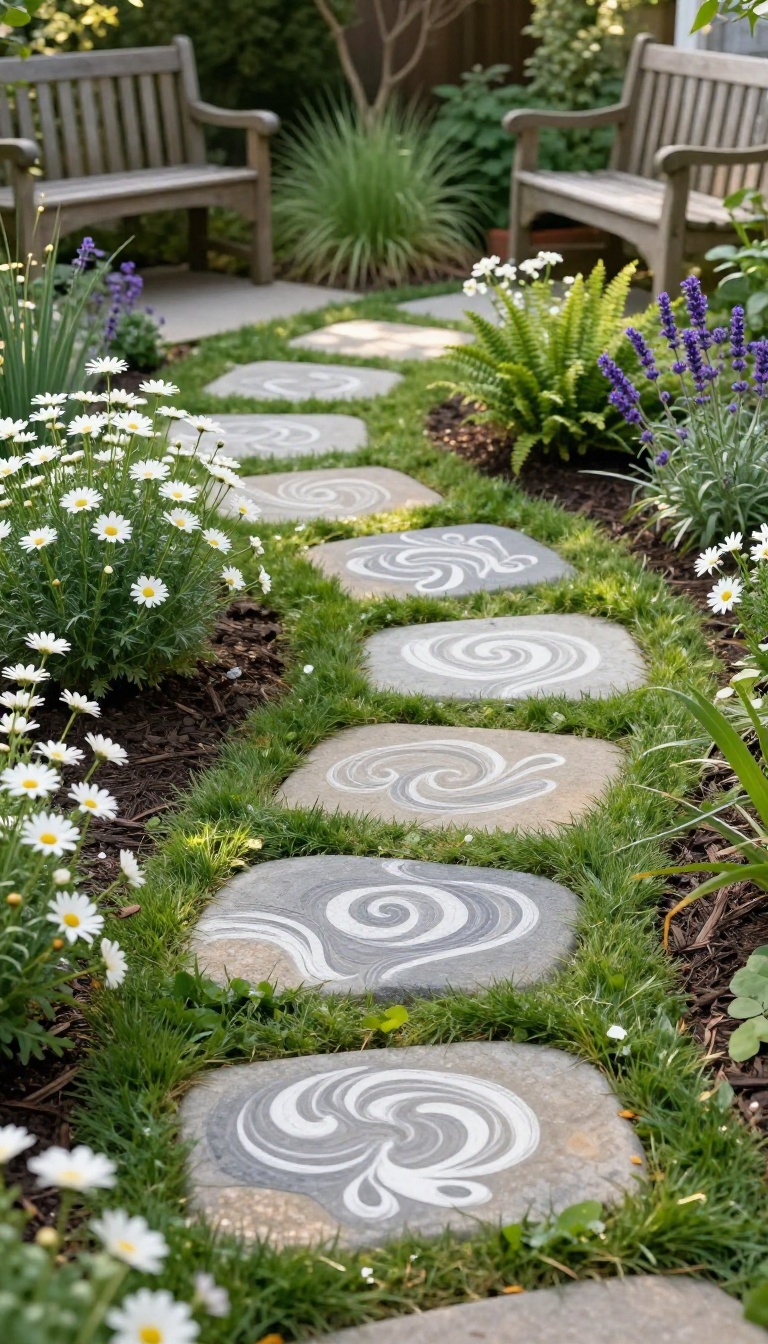 Curved stepping stone path through a peaceful backyard memorial garden with painted rocks, flowers, and a wooden bench in soft morning light