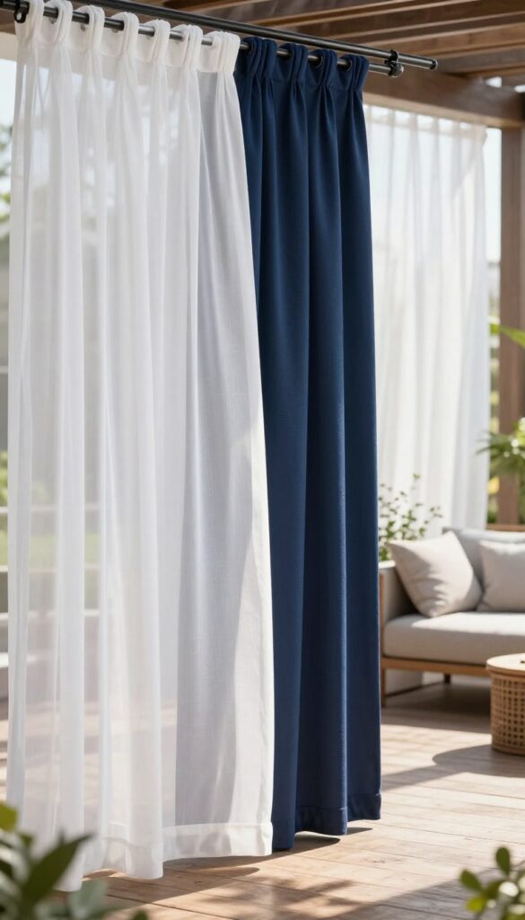 Outdoor patio with layered sheer and heavy curtains on a double rod, showing depth and style.