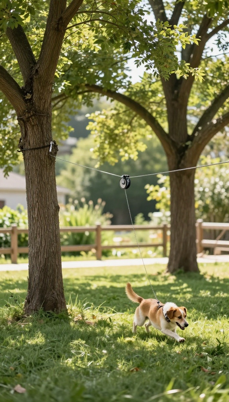Dog running along a clothesline-style zip line cable strung between two backyard trees on a sunny day