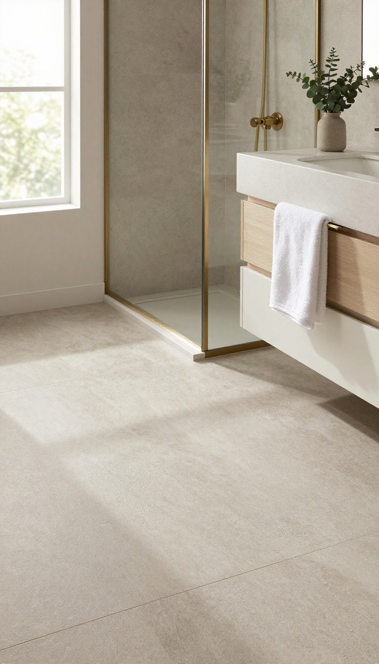 Modern bathroom with large matte greige porcelain floor tiles and a glass walk-in shower, styled in bright natural light to show a chic slip-resistant finish.