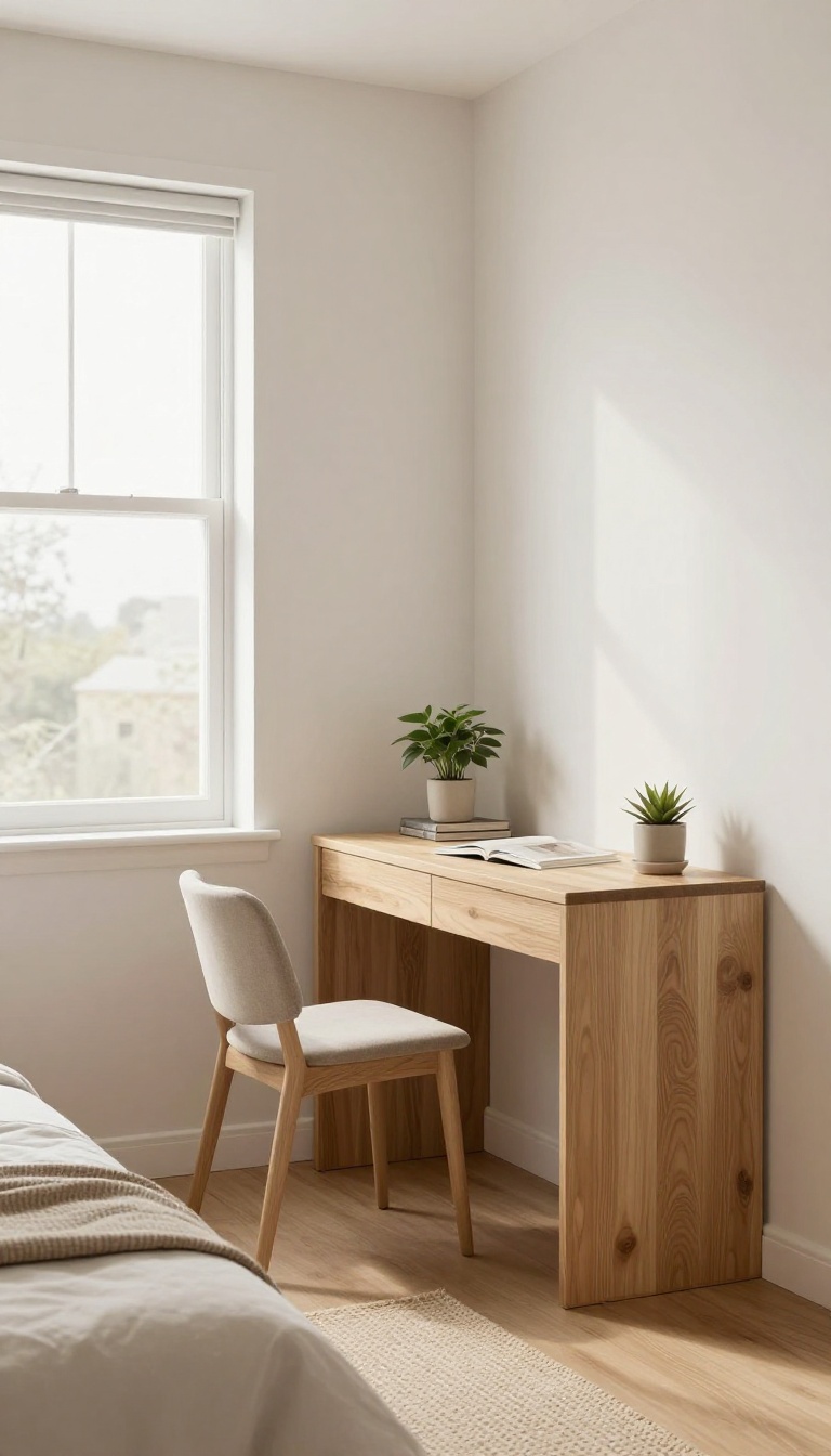Bright narrow bedroom with a corner desk tucked into the wall angle beside a sunny window
