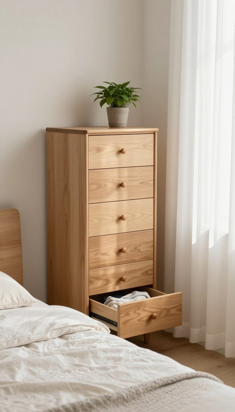 Small bright bedroom with a tall narrow slim dresser beside the bed, leaving a wide open walkway and airy natural light