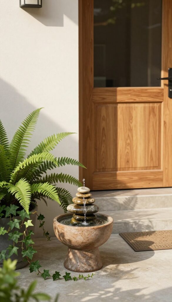 Small ceramic tabletop fountain with trickling water on a front patio, surrounded by potted plants beside a wooden door
