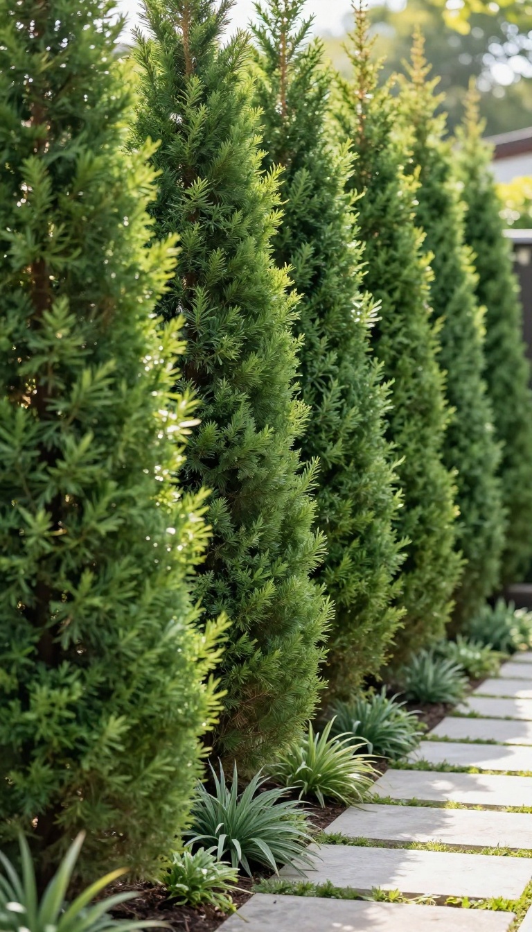 Tall arborvitae evergreen hedge forming a dense living privacy wall along a sunlit backyard property line