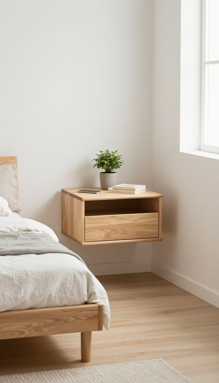 Minimalist small bedroom with a floating wooden nightstand mounted on the wall beside a low platform bed, open floor space beneath it and soft natural light