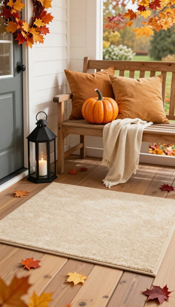 A cozy front patio decorated for autumn with a pumpkin, warm pillows, and a wreath, showcasing easily swappable seasonal decor.