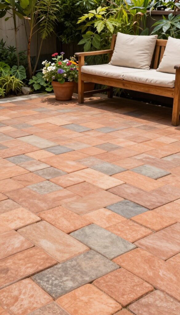 A basketweave paver patio in a cottage garden with terracotta and slate stones, surrounded by greenery and a wooden bench.
