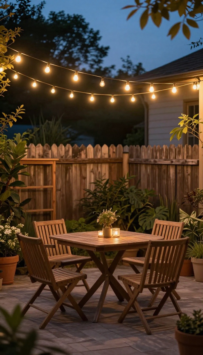 Patio with warm string lights creating a cozy ambiance at dusk