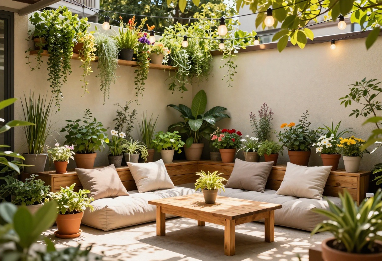 Small backyard with vertical garden, cozy seating, and string lights