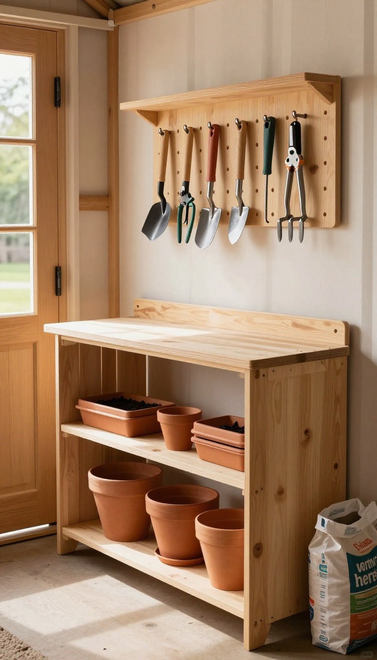 Fold-down potting bench mounted on a shed wall with pegboard hooks holding garden tools and shelves of stacked pots in bright natural light