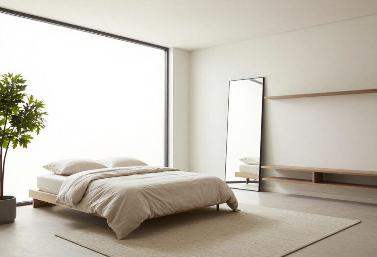 Small single bedroom with a low bed, light bedding, large mirror, and floating shelves, styled to feel open and refined.