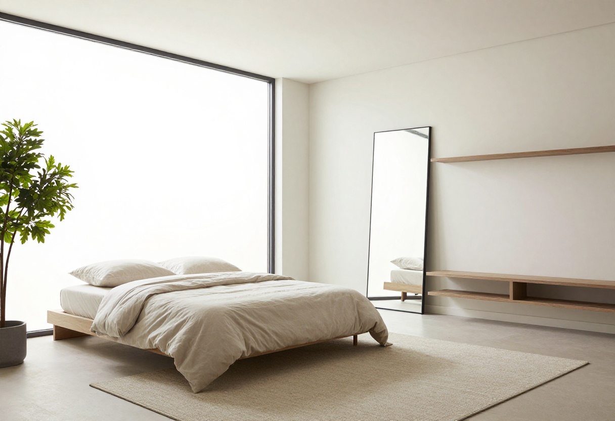 Small single bedroom with a low bed, light bedding, large mirror, and floating shelves, styled to feel open and refined.