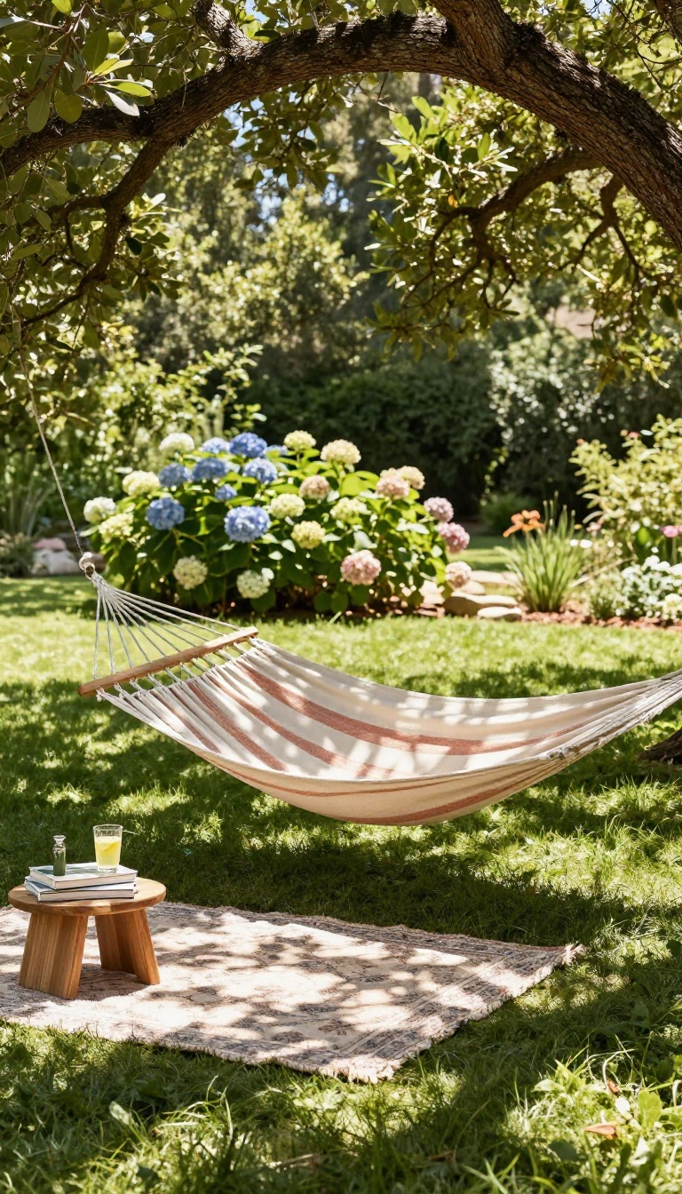 Striped fabric hammock hanging between two shade trees above a soft grassy backyard spot with a small rug and side table
