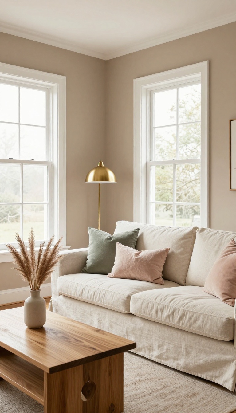 Warm taupe living room walls with cream sofa and brass accents in bright natural light