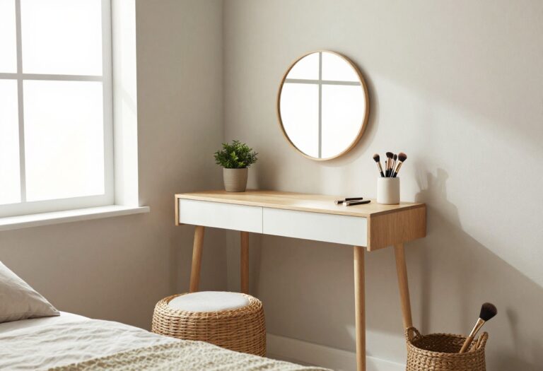 Small bedroom corner with a budget-friendly DIY vanity made from a floating shelf and round mirror.