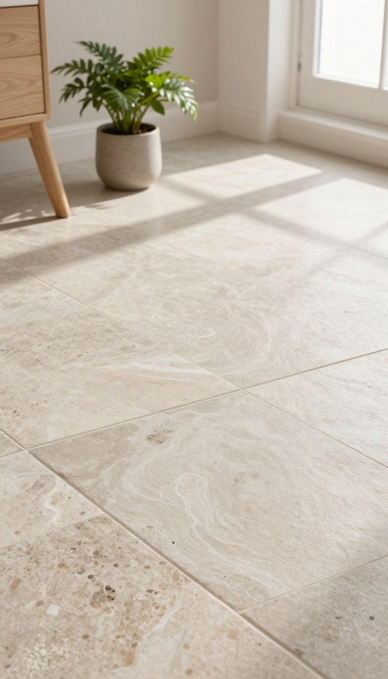 Faux stone peel and stick floor tiles in a bright bathroom with natural light and earthy slate and travertine textures