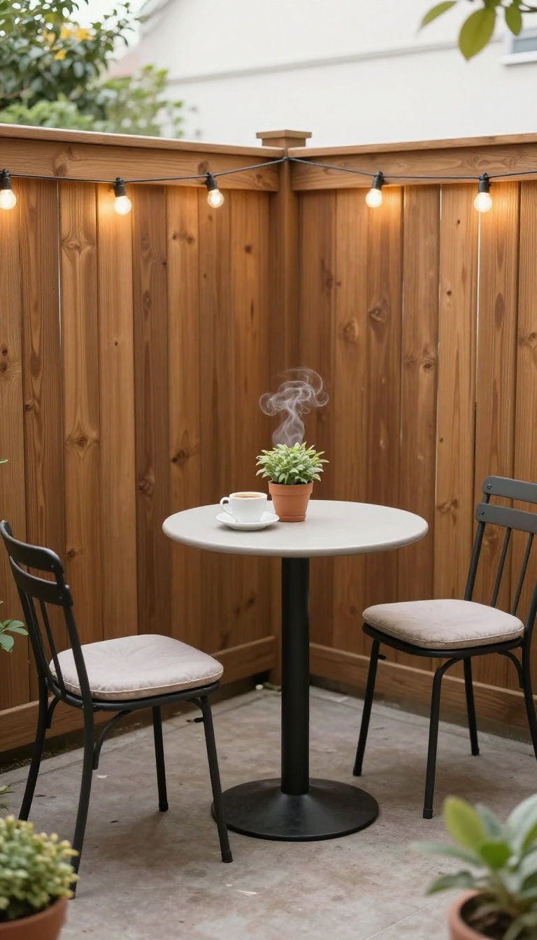 A small patio with a compact bistro set, potted plants, and string lights, creating a cozy retreat.