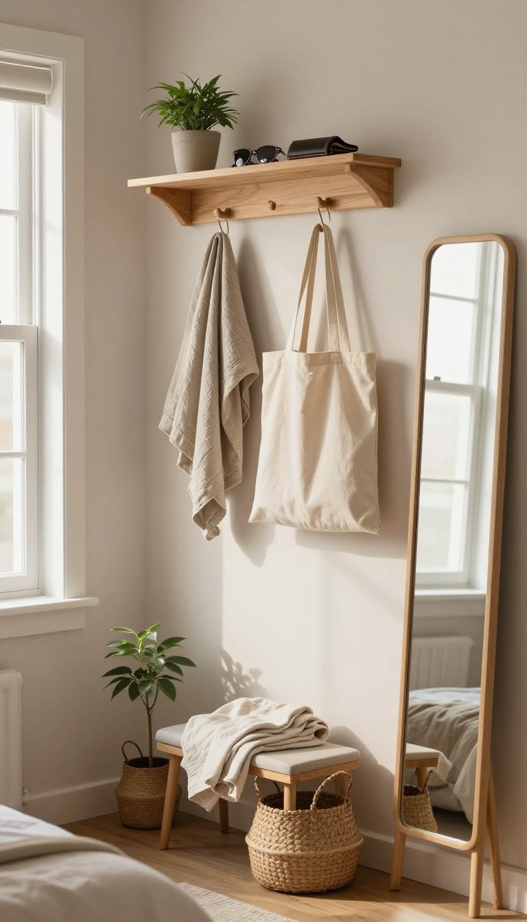Bright small bedroom corner with a shared morning zone featuring hooks, a floating shelf, and a leaning mirror in natural light