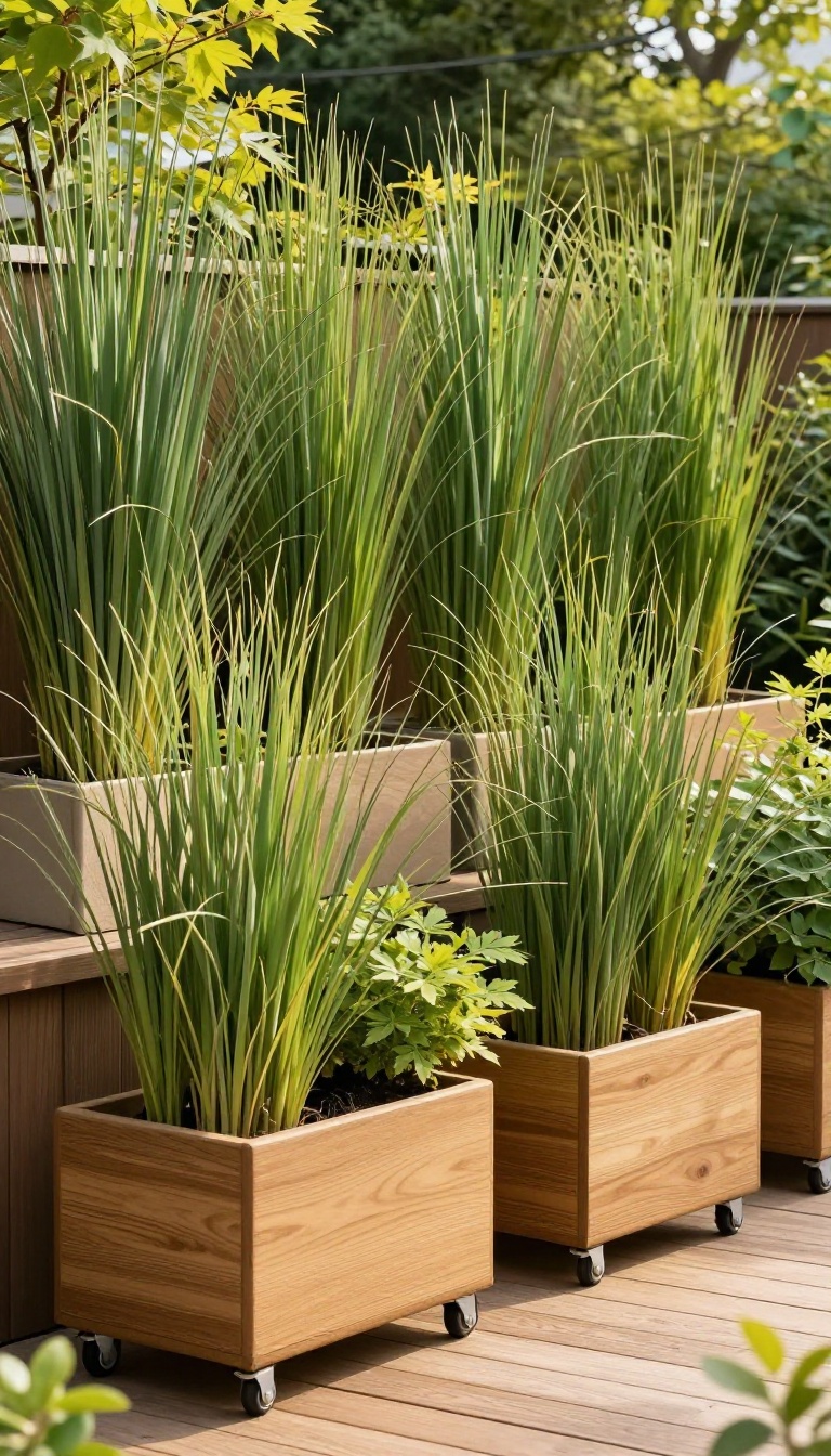 Tall potted plants on rolling planters arranged in a zigzag to create a movable privacy screen on a sunny backyard patio